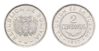 Боливия 2 сентаво 1987 год-тип KM 200 нержавеющая сталь UNC 4659-1247