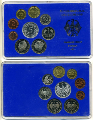 ФРГ набор из 9 монет 1974 F, в оригинальной пластиковой упаковке KM PS 33 PROOF 3-4-8-13
