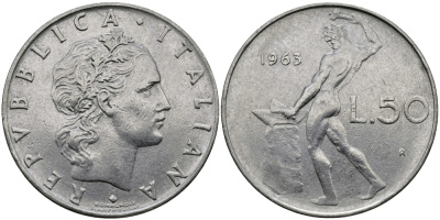 ИТАЛИЯ 50 ЛИР 1963 R, КУЗНЕЦ KM 95.1 нержавеющая сталь 98-156