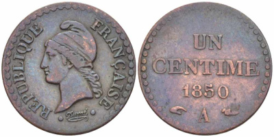 ФРАНЦИЯ 1 САНТИМ 1850 A, ВТОРАЯ РЕСПУБЛИКА (1848-1852) KM 754, LE FRANC 101.5 бронза 105-344