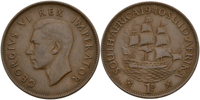 ЮАР 1 пенни 1940 Георг VI (1937-1952) KM 25 бронза 38-914