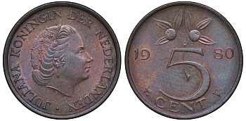 Нидерланды 5 центов 1980 Юлиана (1948-1980) KM 181 бронза 72-1646