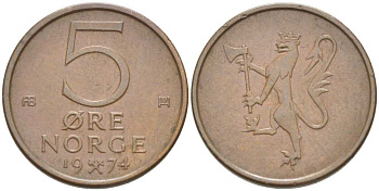 НОРВЕГИЯ 5 ЭРЕ 1974 УЛАФ V (1957-1991) KM 415 бронза 211-1167