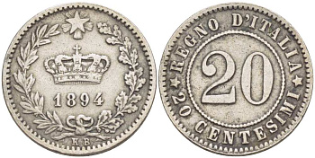 ИТАЛИЯ 20 ЧЕНТЕЗИМО 1894 КВ KM 28.1 медно-никель 210-1036