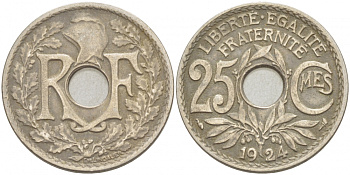 ФРАНЦИЯ 25 САНТИМОВ 1924 KM 867а медно-никель 4402-825