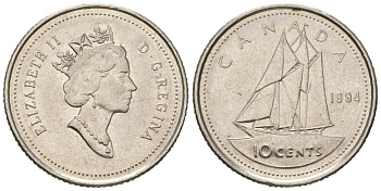 Канада 10 центов 1994 Елизавета II (1952-2022), парусник KM 183 никель 4381-918