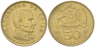 Чили 50 сентесимо 1971 KM 196 алюминиевая бронза aUNC 4596-619