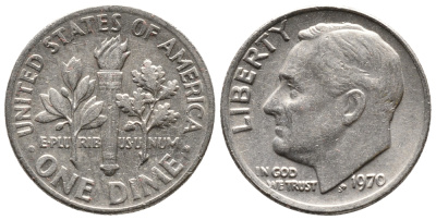 США 10 ЦЕНТОВ = 1 ДАЙМ 1970 РУЗВЕЛЬТ KM 195а медь плакированная медно-никелем 73-219