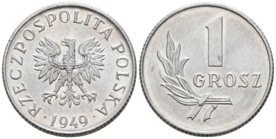 Польша 1 грош 1949 MW KM 39, Parchimowicz 201 алюминий UNC 4564-1043
