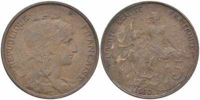 ФРАНЦИЯ 5 САНТИМОВ 1916 ТИП ДАНИЭЛЬ ДЮПЮИ KM 842, LE FRANC 119.28 бронза 108-1012