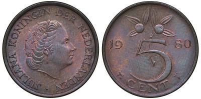 Нидерланды 5 центов 1980 Юлиана (1948-1980) KM 181 бронза 72-1646