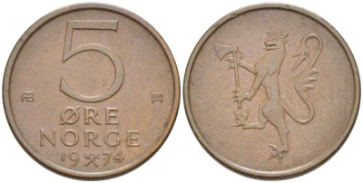НОРВЕГИЯ 5 ЭРЕ 1974 УЛАФ V (1957-1991) KM 415 бронза 211-1167
