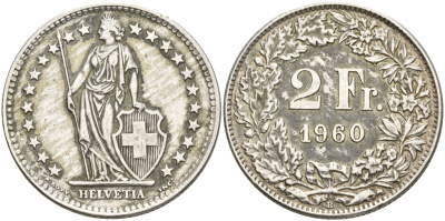 Швейцария 2 франка 1960 KM 21 серебро 4607-541