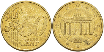 ГЕРМАНИЯ 50 ЕВРОЦЕНТОВ 2002 D KM 212 латунь 4543-513