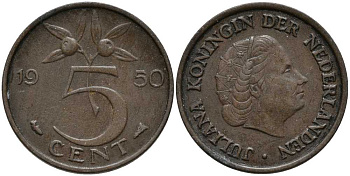 НИДЕРЛАНДЫ 5 ЦЕНТОВ 1950 ЮЛИАНА KM 181 бронза 113-653