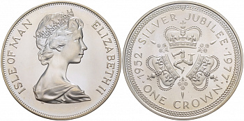 Остров Мэн 1 крона 1977 Серебряный юбилей правления королевы Елизаветы II, три короны KM 41a серебро UNC 01-173-35