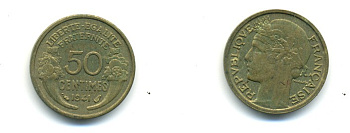 ФРАНЦИЯ 50 САНТИМОВ 1941 ТИП MORLON KM 894.1, LE FRANC 192.18 алюминиевая бронза 80-865
