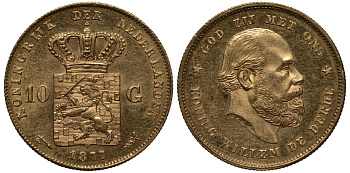 Нидерланды 10 гульденов 1877 Виллем III KM 106 золото UNC 00-808-02
