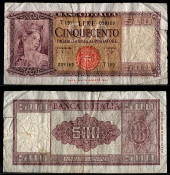 Италия 500 лир 1961 Pick 80 b бумага 7221-67-3-1