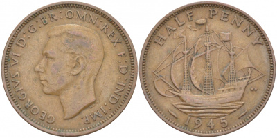 Великобритания 1/2 пенни 1945 Георг VI (1936-1952) KM 844, Spink 4115 бронза 212-1222