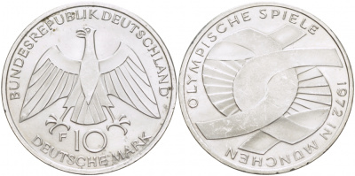 ФРГ 10 марок 1972 F, XX летние Олимпийские игры 1972 года в Мюнхене, символика KM 131, J.402 серебро UNC 4127-113
