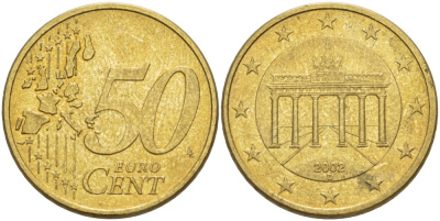 ГЕРМАНИЯ 50 ЕВРОЦЕНТОВ 2002 D KM 212 латунь 4543-513