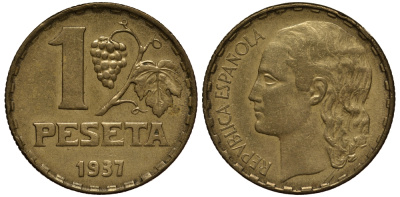 ИСПАНИЯ 1 ПЕСЕТА 1937 ВТОРАЯ РЕСПУБЛИКА (1931-1939) KM 755 латунь 113-352