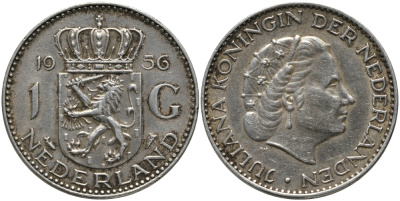 Нидерланды 1 гульден 1956 Юлиана (1948-1980) KM 184 серебро 413-3641