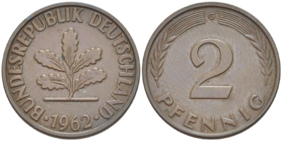 ФРГ 2 ПФЕННИГА 1962 G KM 106, J. 381 бронза 4181-732