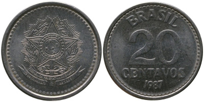 Бразилия 20 сентаво 1987 герб KM 603, Schon 112 нержавеющая сталь UNC 4567-961