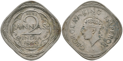 Британская Индия 2 анна 1946 Георг VI (1936-1952) KM 542 медно-никель 3334-244