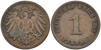 Германия 1 пфенниг 1905 A KM 10, J. 10 медь 4567-1212