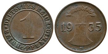 Германия 1 рейхспфенниг 1935 D KM 37, J. 313 бронза 220-123