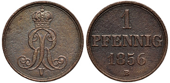Ганновер 1 пфенниг 1856 B, Георг V KM 221, AKS 155, J. 83 медь 4594-215