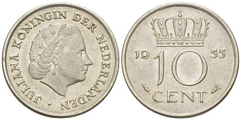 Нидерланды 10 центов 1955 Юлиана (1949-1980) KM 182 никель 214-1144