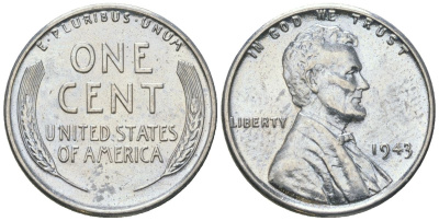 США 1 цент 1943 Авраам Линкольн KM 132 a сталь покрытая цинком aUNC 112-912