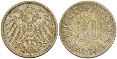 ГЕРМАНИЯ 10 ПФЕННИГОВ 1908 G KM 12, J. 13, Weege 8 медно-никель 212-113