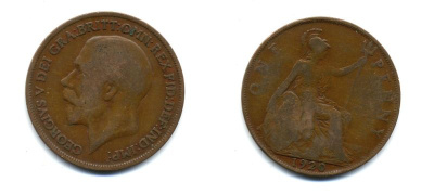 Великобритания 1 пенни 1920 Георг V (1910-1936) КМ 810, Spink 4051 бронза 47-411