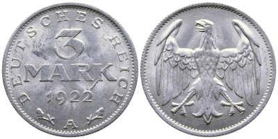 ГЕРМАНИЯ 3 МАРКИ 1922 А KM 28, J. 302 алюминий 4380-646