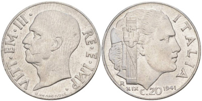 ИТАЛИЯ 20 ЧЕНТЕЗИМО 1941 R, ГОД XIX, ВИКТОР ЭММАНУИЛ III (1900-1946) KM 75b, VEM3. 1028 нержавеющая сталь 3853-1012