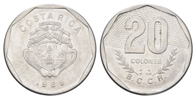 Коста-Рика 20 колонов 1985 год-тип KM 216.2 нержавеющая сталь 4661-1131