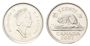 Канада 5 центов 2003 P, Елизавета II (1952-2022), бобр KM 182b сталь плакированная никелем UNC 4705-659