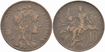 ФРАНЦИЯ 10 САНТИМОВ 1904 ТИП ДАНИЭЛЬ ДЮПЮИ KM 843, LA FRANC 136.14 бронза 109-215