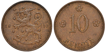 Финляндия 10 пенни 1938 KM 24 медь 51-3013