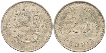 ФИНЛЯНДИЯ 25 ПЕННИ 1935 S KM 25 медно-никель 100-765