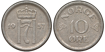 НОРВЕГИЯ 10 ЭРЕ 1957 KM 396 медно-никель 62-857