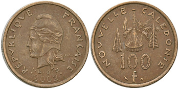 Французская Новая Каледония 100 франков 2002 хижина среди сосен и пальм, (IEOM) KM 15, Schoen 16, Lec 139f никель латунь 4149-125