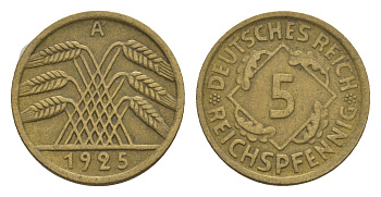 Германия 5 рейхспфеннигов 1925 A KM 39, J. 316 алюминиевая бронза 4615-138