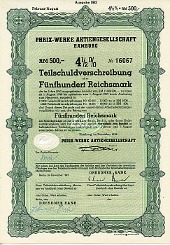 Германия 500 рейхсмарок 1942 АО Phrix-Werke, Гамбург, 4 1/2% облигация   бумага  8804-103-1