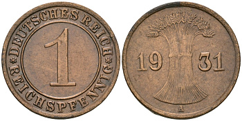 Германия 1 рейхспфенниг 1931 A KM 37, J. 313 бронза 4189-1139